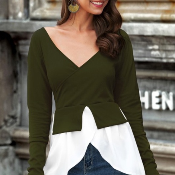 C Layered Long Sleeve Off The Shoulder Top -olive - Picture 3 of 10
